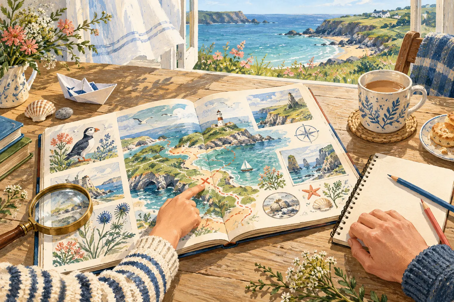 An illustrated adventure book, magnifying glass and pencils on a family table by the coast